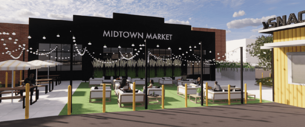 A rendering of an outdoor seating area behind a development project