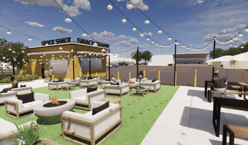 A rendering of an outdoor seating area with bar