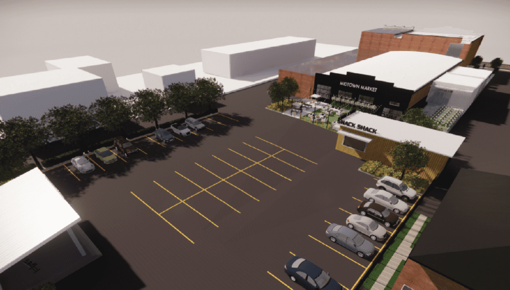 A rendering of a parking lot and downtown building project